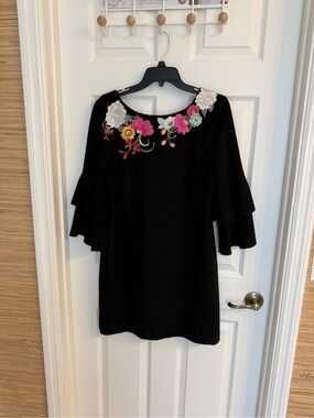 Trina Turk Black Mini Dress with Multicolor Floral Embroidery